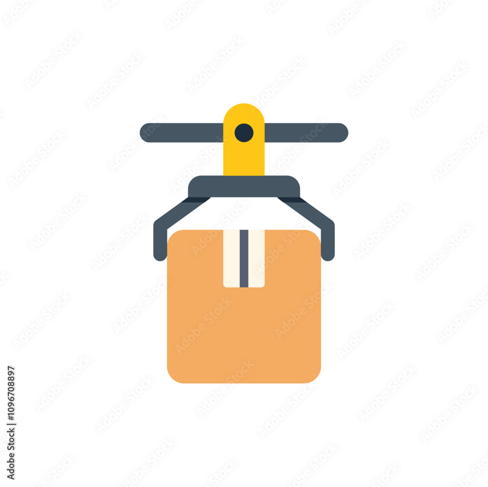 Poster simple flat illustration of a robotic arm lifting a cardboard box, representing automation in logist