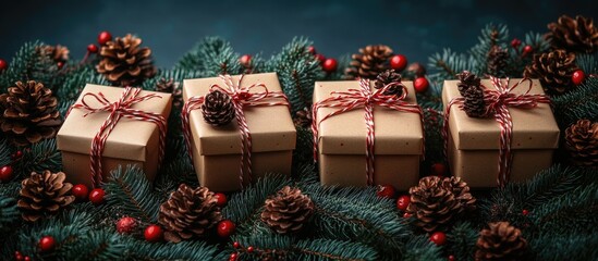 Christmas greeting card design with gift boxes pine cones and fir branches ideal for personalized winter holiday messages