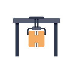 Simple flat illustration of an industrial crane lifting a cardboard box in a warehouse