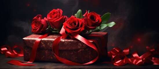 Elegant holiday gift box adorned with vibrant red roses and satin ribbons on a dark background, perfect for celebrations and special occasions.