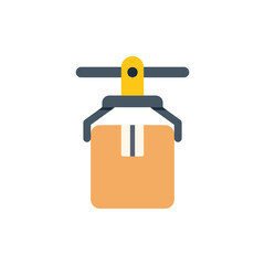 Simple flat illustration of a robotic arm lifting a cardboard box, representing automation in logistics and delivery