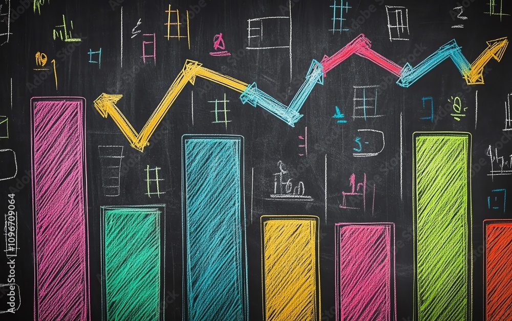 Aufkleber AI generative handdrawn colorful bar graph and line chart on a chalkboard, dynamic and creative data representation