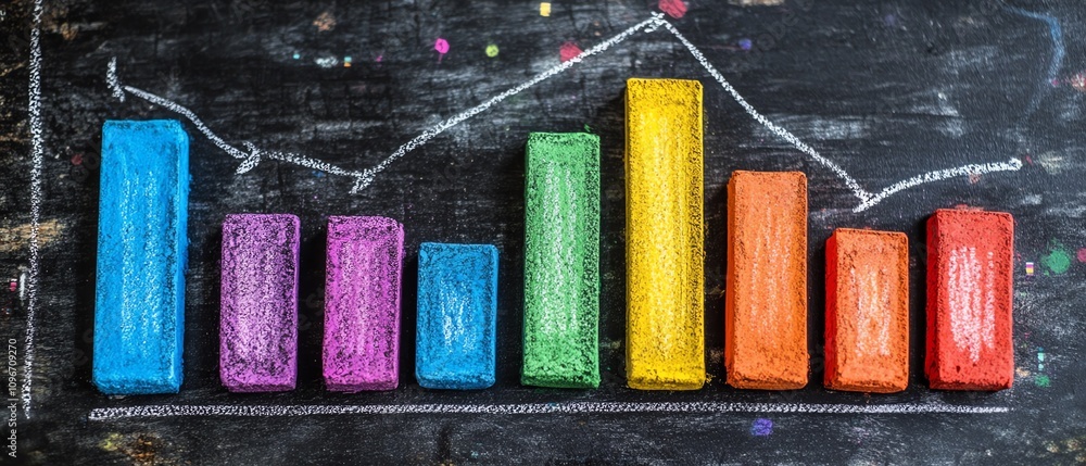 Poster blackboard with vibrant handdrawn bar graph and line chart using colorful chalk, aiinspired data ana