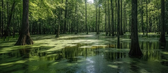 Obraz premium Lush summer swamp interior with green trees reflecting in still water in a humid zone ecosystem