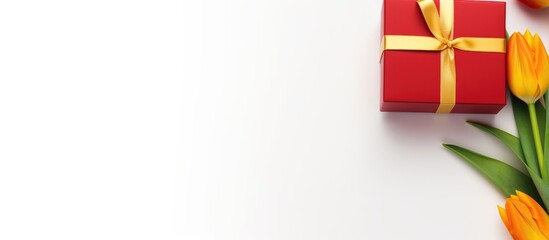 Naklejka premium Red gift box with yellow ribbon and vibrant tulips on a clean white background perfect for creating elegant greeting cards or promotional materials