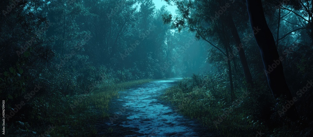 Poster mysterious forest path illuminated by soft moonlight creating an enchanting and tranquil atmosphere 