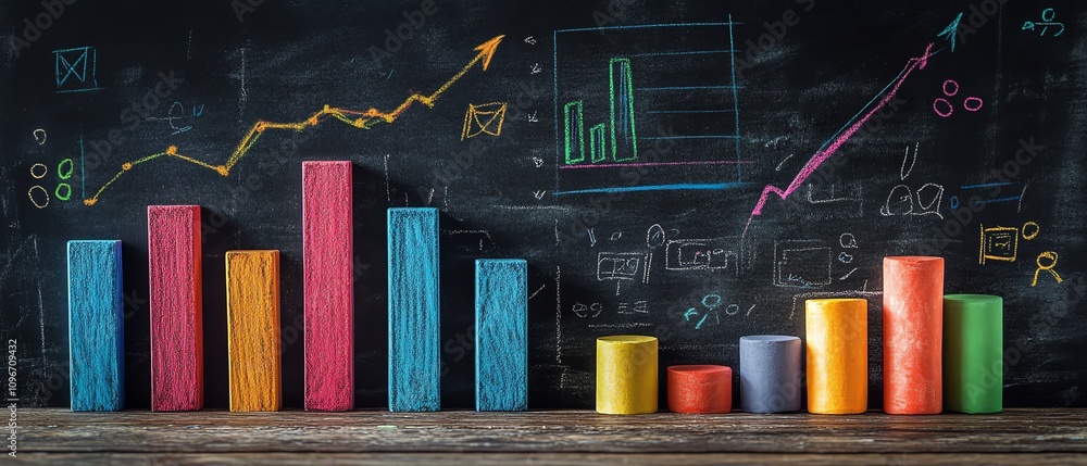Poster blackboard with vibrant handdrawn bar graph and line chart using colorful chalk, aiinspired data ana