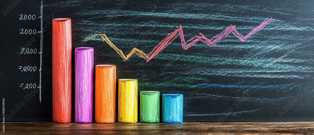 Aufkleber Blackboard with vibrant handdrawn bar graph and line chart using colorful chalk, AIinspired data analysis design