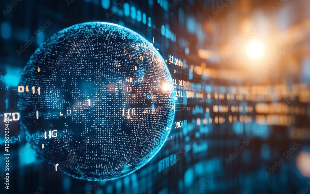 Aufkleber Blue background with a 3D digital globe, binary code, and financial graphs, showcasing global financial trends and data analysis