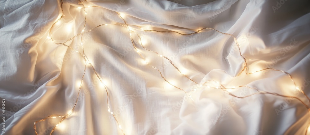 Poster bedding sheets illuminated by fairy lights with ample copy space for text in an elegant flat lay ove