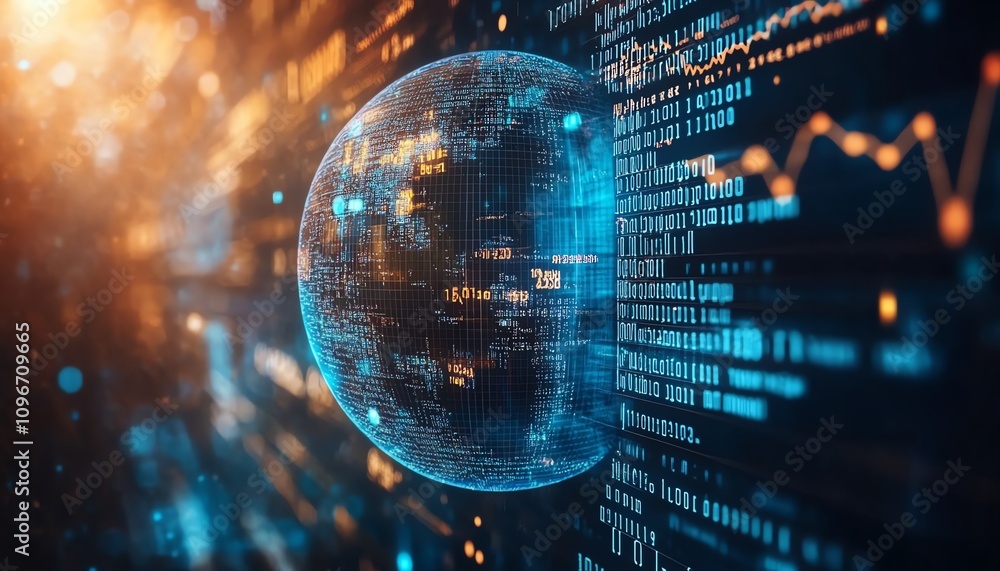 Fototapete Blue digital background with a 3D globe, binary code streams, and financial graphs, symbolizing global finance and data analysis