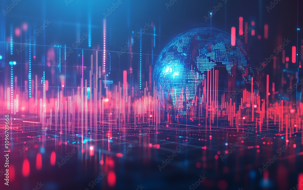 Leinwandbilder blue background with a 3d digital globe, binary code, and financial graphs, showcasing global financ