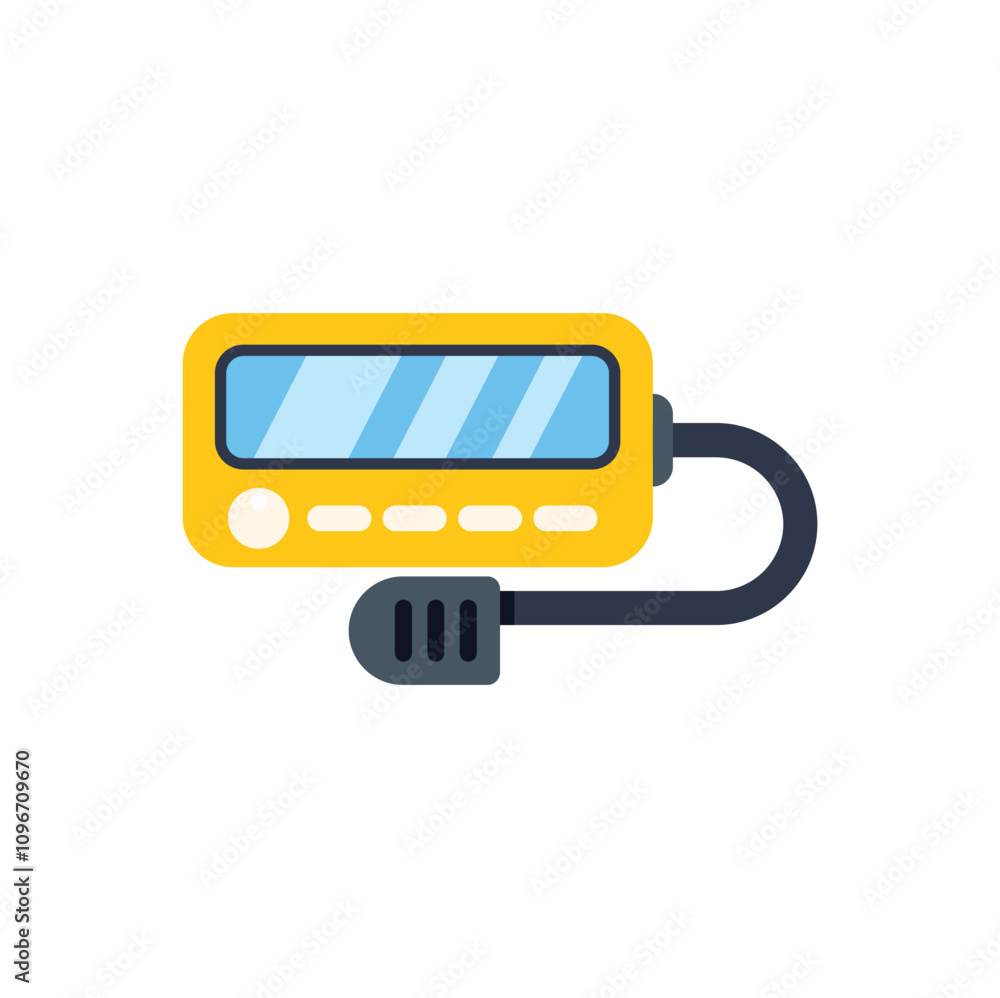 Poster yellow diving computer with a flexible tube and pressure sensor is showing current depth and air pre