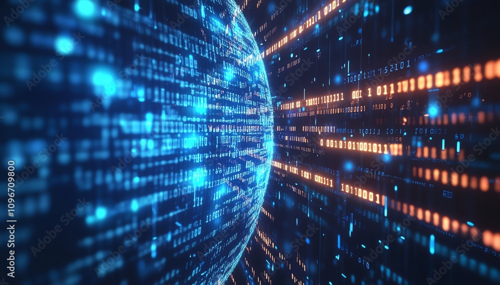 Poster blue digital background with a 3d globe, binary code streams, and financial graphs, symbolizing glob