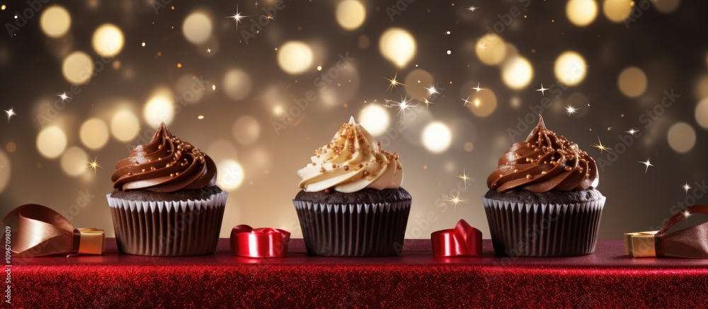 Poster festive display of chocolate cupcakes with red ribbons against a shimmering bokeh backdrop perfect f