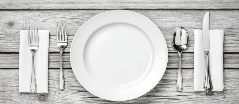 Elegant dining setup with empty plate, cutlery, and napkins on rustic wooden surface for culinary or event promotion