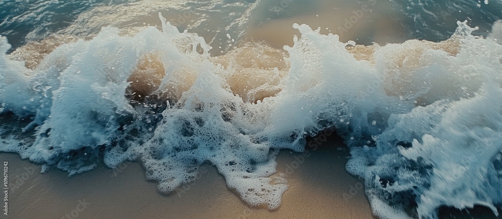 Aufkleber close up view of ocean waves crashing onto a sandy beach creating foam and texture in a serene coast
