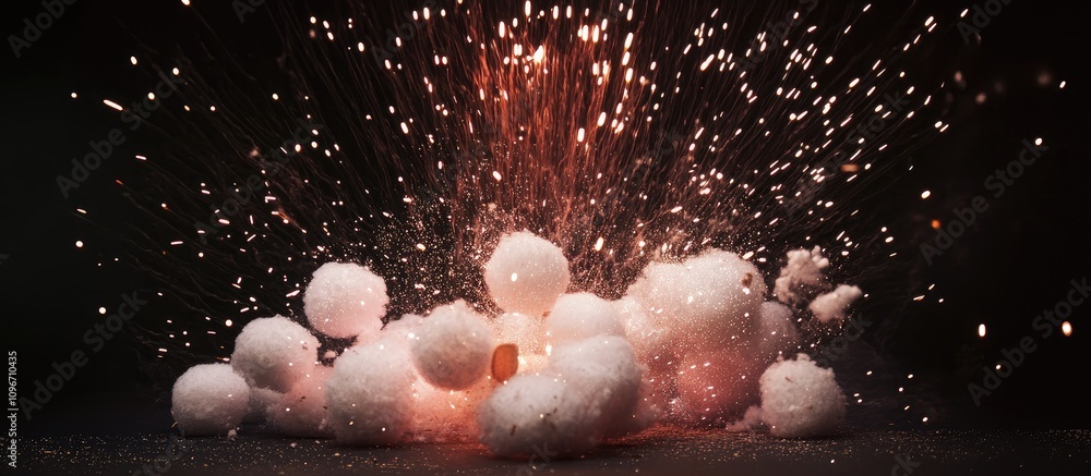 Wall mural Cotton balls exploding like fireworks creating a vibrant spectacle against a dark background in a creative and artistic composition