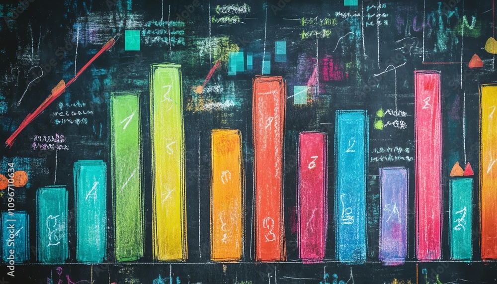 Poster chalkboard with handdrawn colorful bar graph and line chart, ai generative design, showcasing dynami
