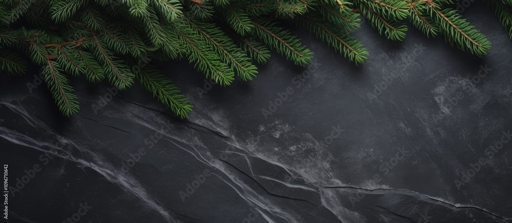Poster christmas fir tree branches on dark stone background with overhead view and empty space for seasonal