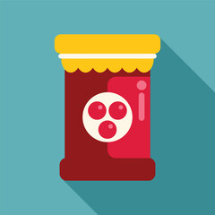 Red cherry jam jar closed with yellow cap, preserving the delicious flavor, in flat design style