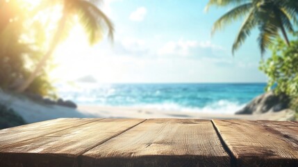 Fototapeta premium Wooden tabletop against a blurred tropical beach ideal for product showcasing with vibrant natural scenery and soft sunlight ambiance.