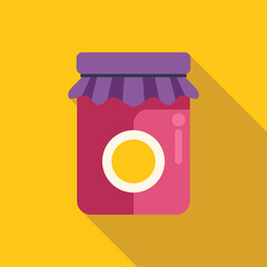 Glass jar with purple lid containing pink jam, isolated on yellow background, long shadow, flat design