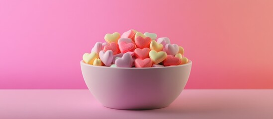 Colorful heart-shaped conversation candies in a white bowl against a soft pink gradient background, perfect for Valentine's Day celebrations.