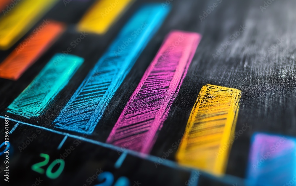 Poster colorful bar graph and line chart drawn with chalk on a blackboard, ai generative style, data analys