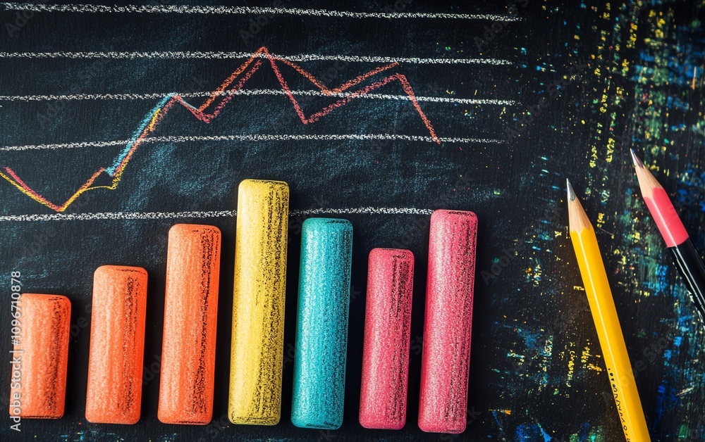 Poster colorful bar graph and line chart drawn with chalk on a blackboard, ai generative style, data analys