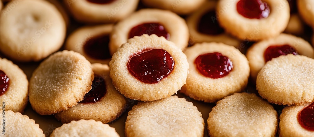 Aufkleber homemade cookies with jam filling surrounded by assorted round cookies on a rustic baking tray.