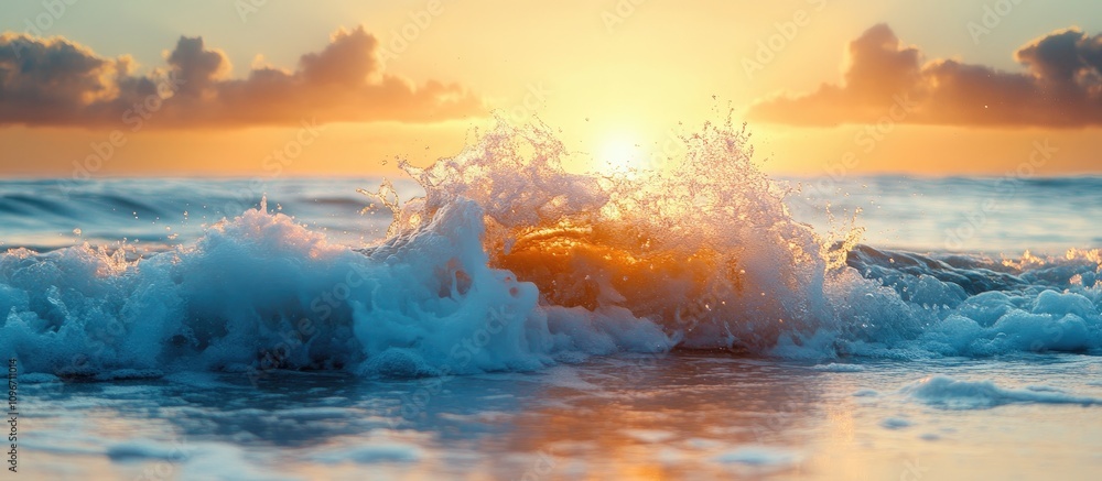 Poster ocean waves crashing on rocks at sunset with golden light reflecting on water and clouds creating a 