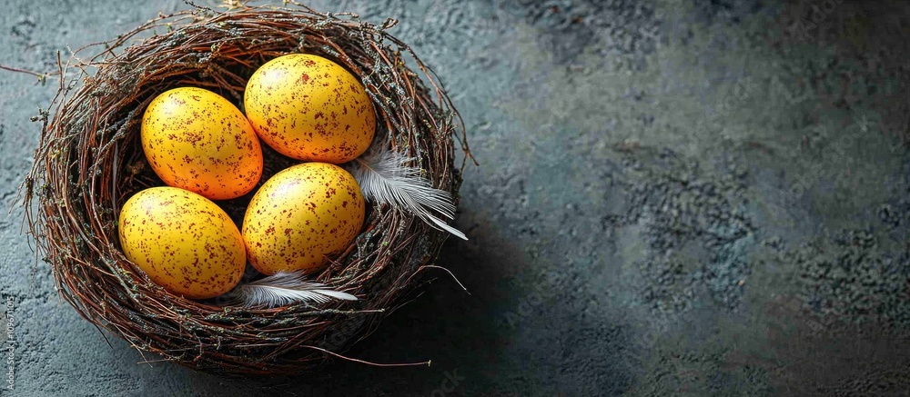 Poster easter eggs in a bird nest on a textured grey stone surface with decorative feathers and space for s