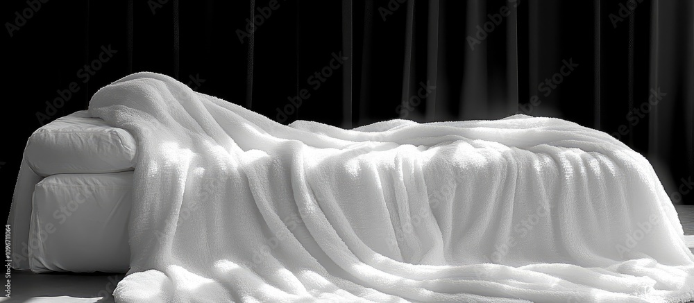 Poster Cozy white blanket draped over a sofa creating a tranquil and inviting atmosphere in a minimalistic interior setting.