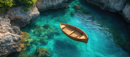 Turquoise Waters of a Mediterranean Island with a Scenic Boat Floating Above Coral Reefs