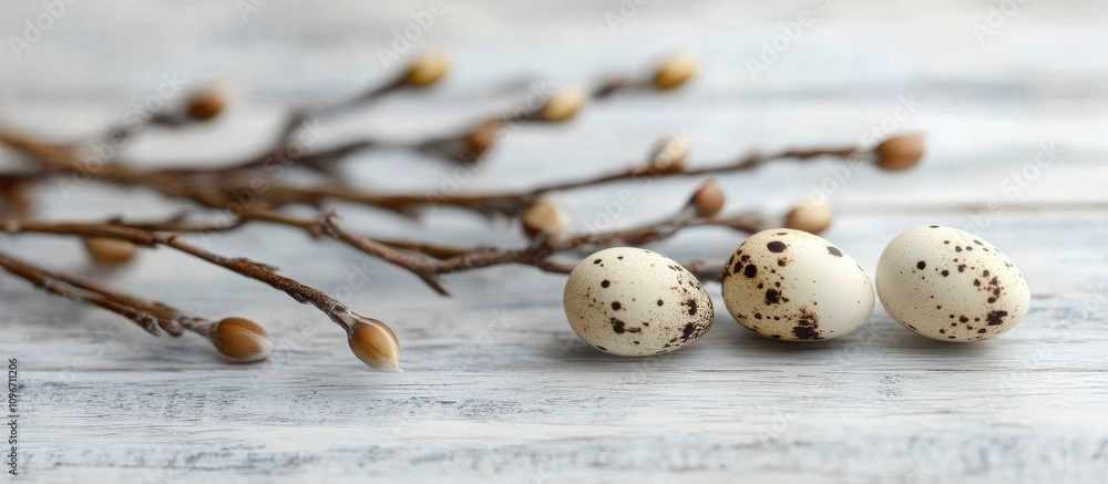 Poster easter still life with quail eggs and willow branches on a rustic wooden surface in soft selective f
