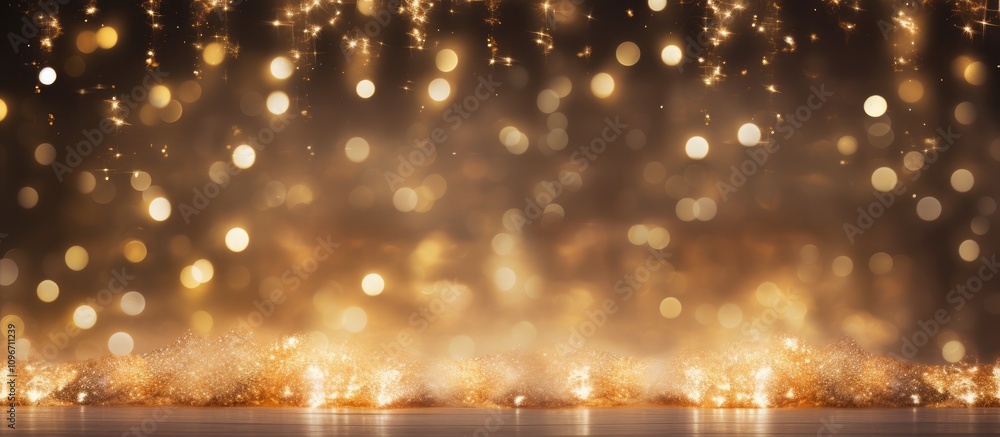 Poster golden bokeh festive background with sparkling lights creating a warm holiday atmosphere perfect for