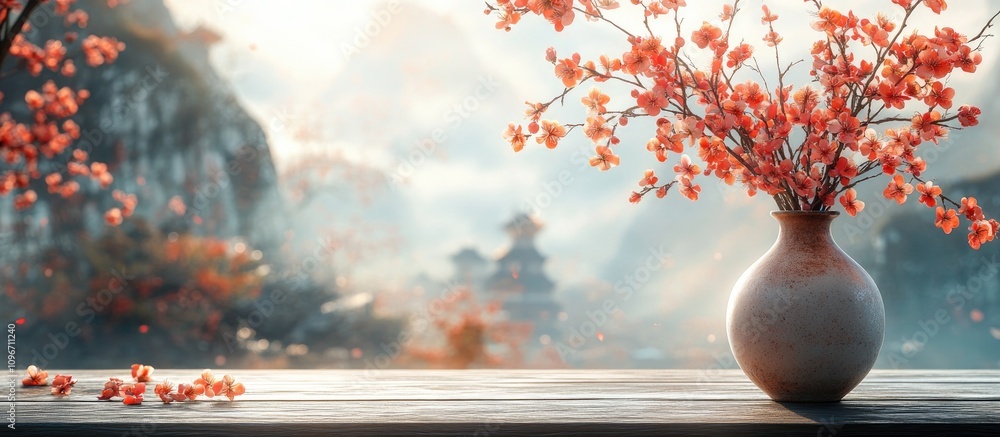 Poster serene spring blossoms in a vase with soft blurred backdrop of nature and architecture creating a tr