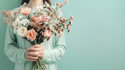 there is a woman holding a bunch of flowers in her hands