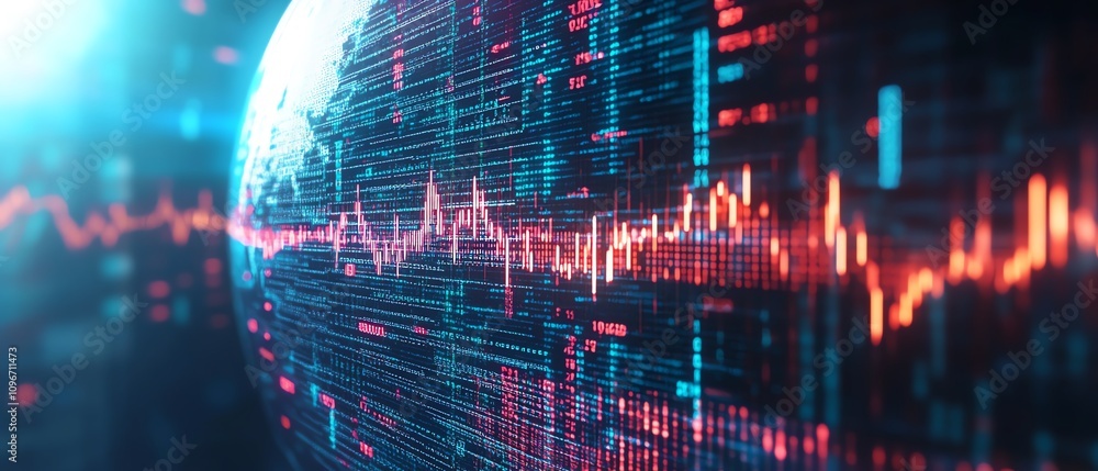Aufkleber Digital globe surrounded by binary code and dynamic financial graphs on a blue background, 3D rendering, tech and finance theme