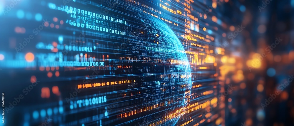 Poster Digital globe surrounded by binary code and dynamic financial graphs on a blue background, 3D rendering, tech and finance theme