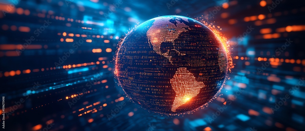 Poster Digital globe surrounded by binary code and dynamic financial graphs on a blue background, 3D rendering, tech and finance theme