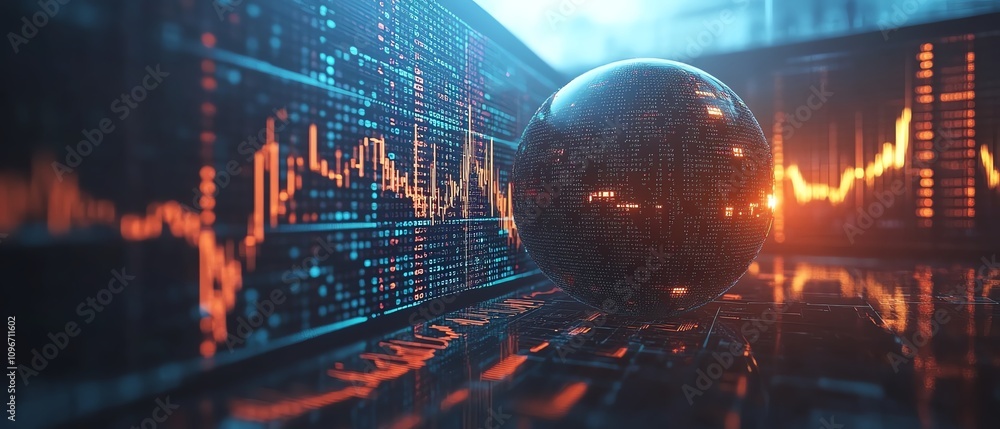 Poster Digital globe surrounded by binary code and dynamic financial graphs on a blue background, 3D rendering, tech and finance theme