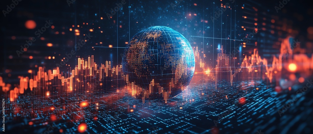 Aufkleber Digital globe surrounded by binary code and dynamic financial graphs on a blue background, 3D rendering, tech and finance theme