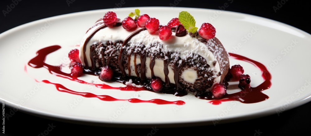 Aufkleber chocolate dessert roll with cream and currants presented on a white plate garnished with red currant