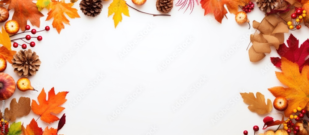 Aufkleber autumn foliage arrangement with pinecones and berries on a white background creating a seasonal fram