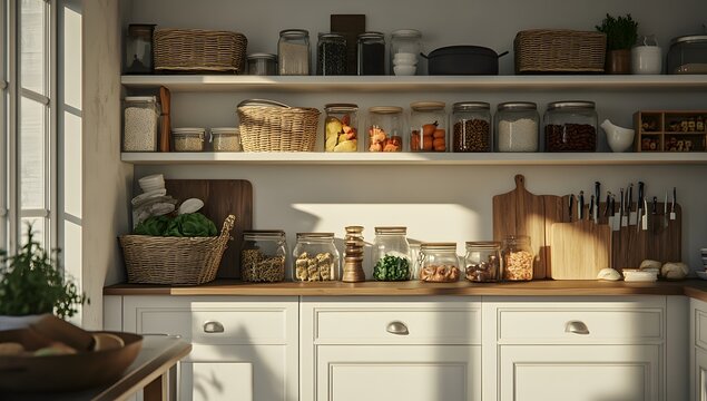 Beautiful kitchen interior with white cabinets, shelves, and woven baskets in the home of luxury. Shelves filled with food items and jars for neatly organized food storage