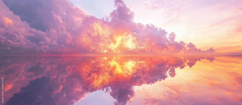 Aufkleber colorful fireworks reflecting in a serene lake at sunset with dramatic clouds creating a mesmerizing