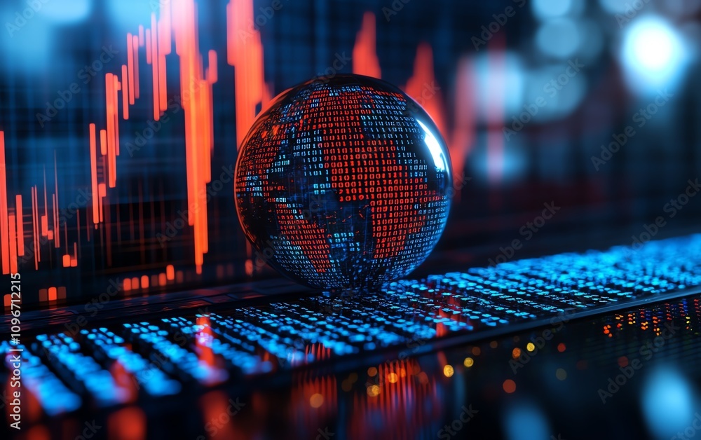 Aufkleber Glowing digital globe with embedded binary code and financial graphs on a blue backdrop, 3D rendered financial technology concept