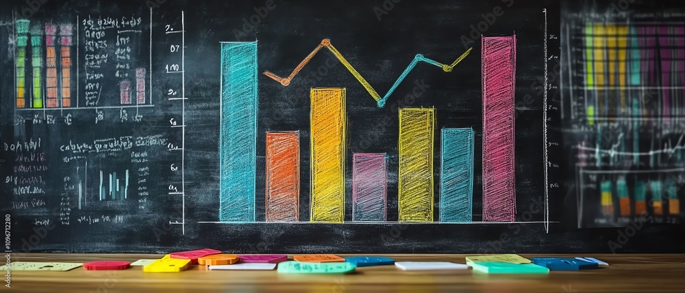 Poster handdrawn bar graph and line chart in vibrant colors on a blackboard with chalk, ai generative data 